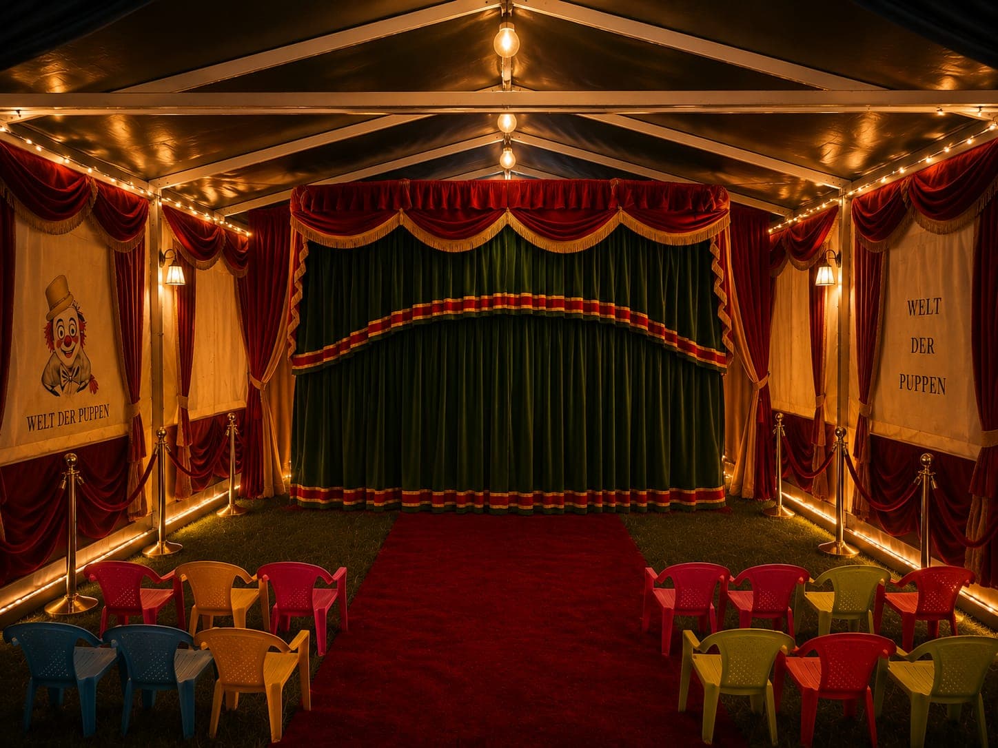 Das Theaterzelt von Welt der Puppen mit Bühne, Vorhang und Bestuhlung